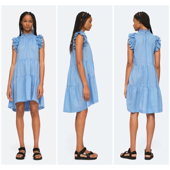 SEA New York Lee Linen Cotton Flutter Sleeve Tiered Tunic Eyelet Dress - Picture 4 of 12
